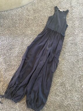 Blue Velvet Ribbed Tank Jumpsuit in Black